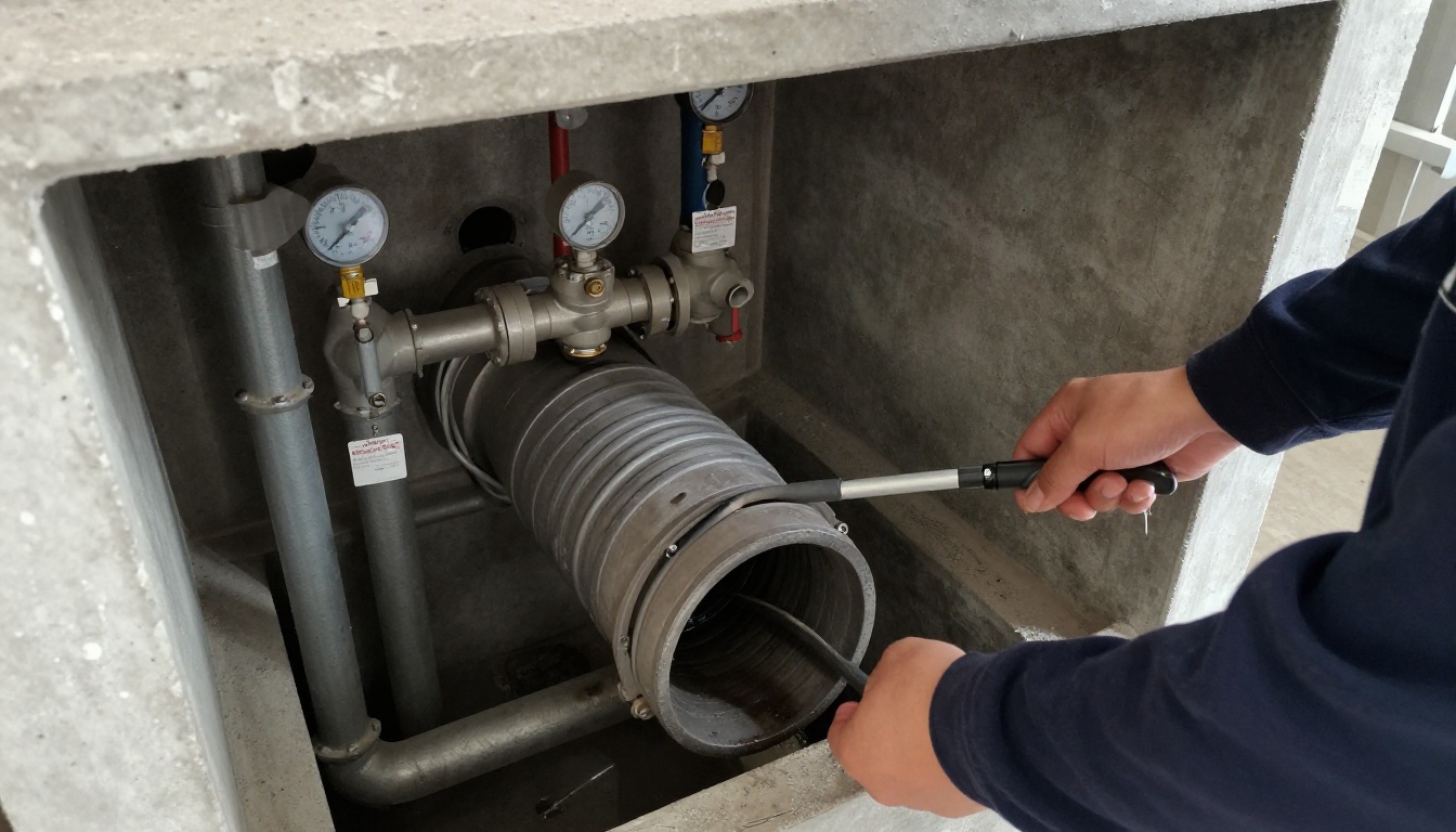 CCTV camera monitor beside a cast iron drain line in a condominium mechanical room, showing the interior of a grease-lined kitchen stack after cleaning, with coiled inspection cable and tagged valves in view