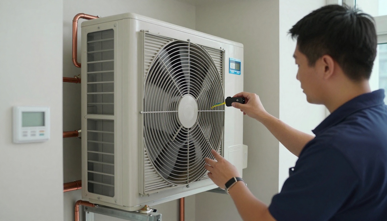 A Hudson HVAC technician inspecting a condo booster pump in a mechanical room of a Toronto high-rise