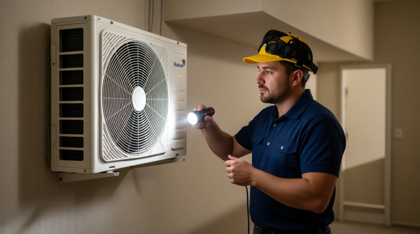 A Hudson HVAC technician inspecting a condo fan coil unit with a flashlight in a Toronto high-rise