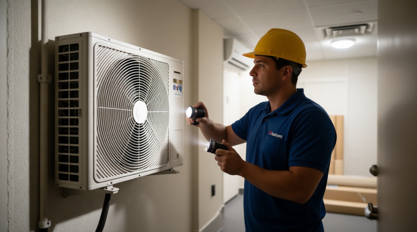 A Hudson HVAC technician inspecting a condo fan coil unit with a flashlight in a Toronto high-rise A Hudson HVAC technician inspecting a condo fan coil unit with a flashlight in a Toronto high-rise
