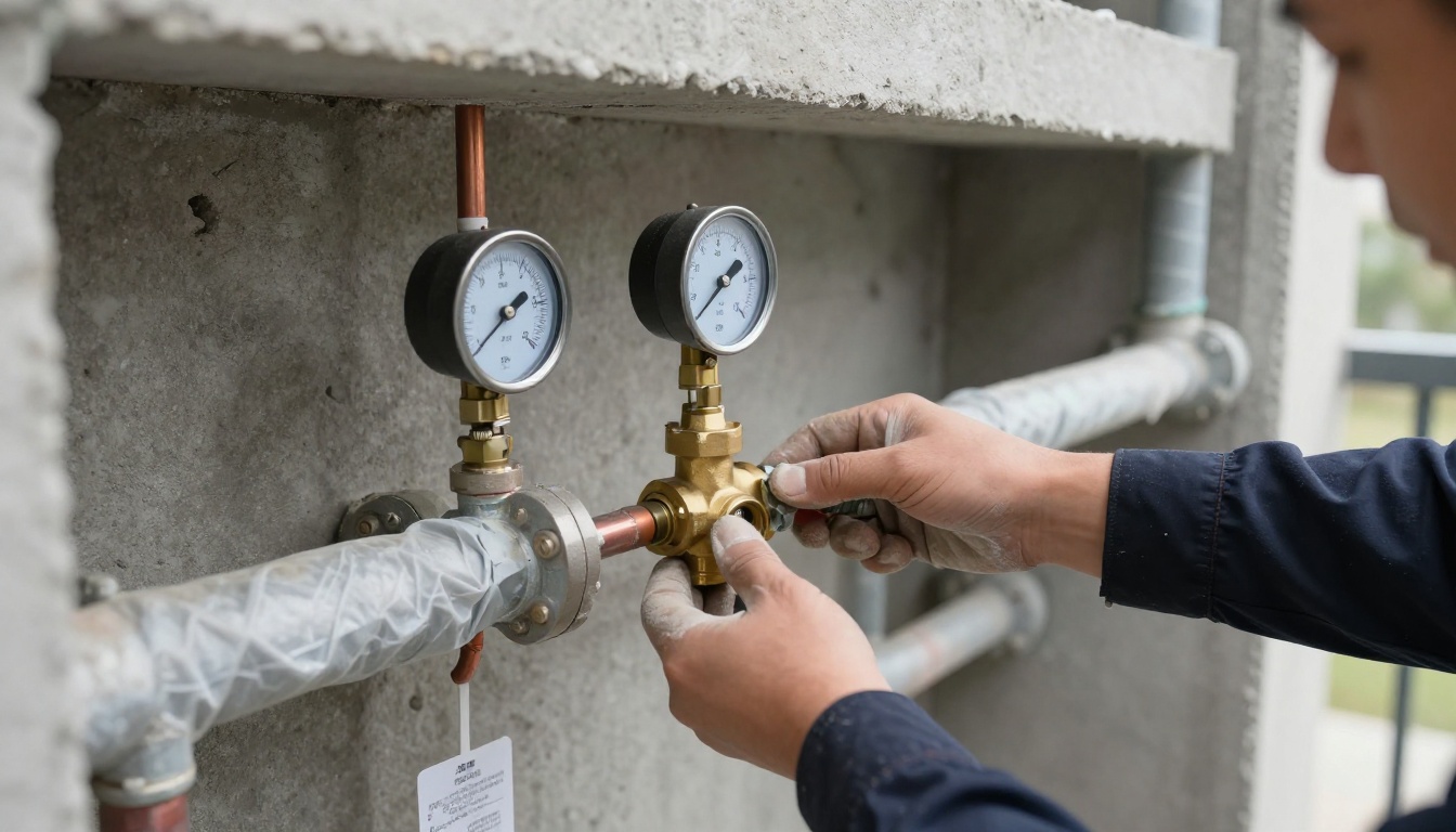 A commercial plumber’s gloved hands installing a new quarter-turn brass ball valve on a horizontal copper domestic water line in a high-rise condo mechanical room, with pressure gauge, pipe insulation and drop sheet visible A commercial plumber’s gloved hands installing a new quarter-turn brass ball valve on a horizontal copper domestic water line in a high-rise condo mechanical room, with pressure gauge, pipe insulation and drop sheet visible