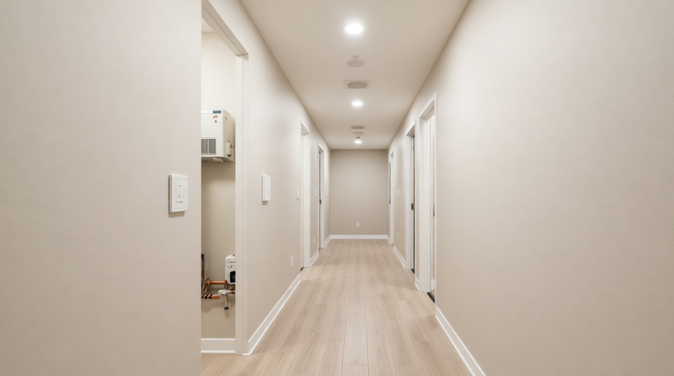 Modern high-rise condo hallway in North York