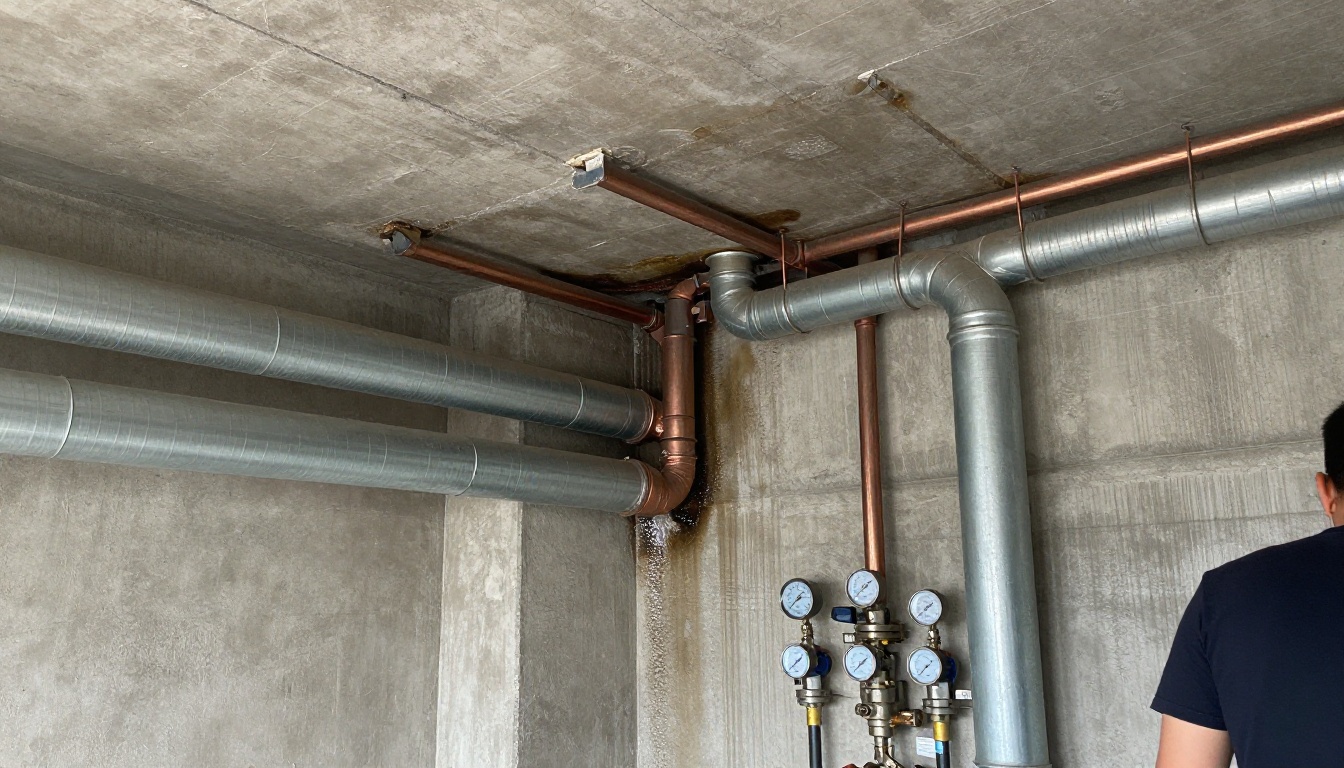 Exposed copper and steel piping in a condominium parking garage ceiling with damaged insulation, corrosion at hangers, and a visible wet area near an exterior wall penetration