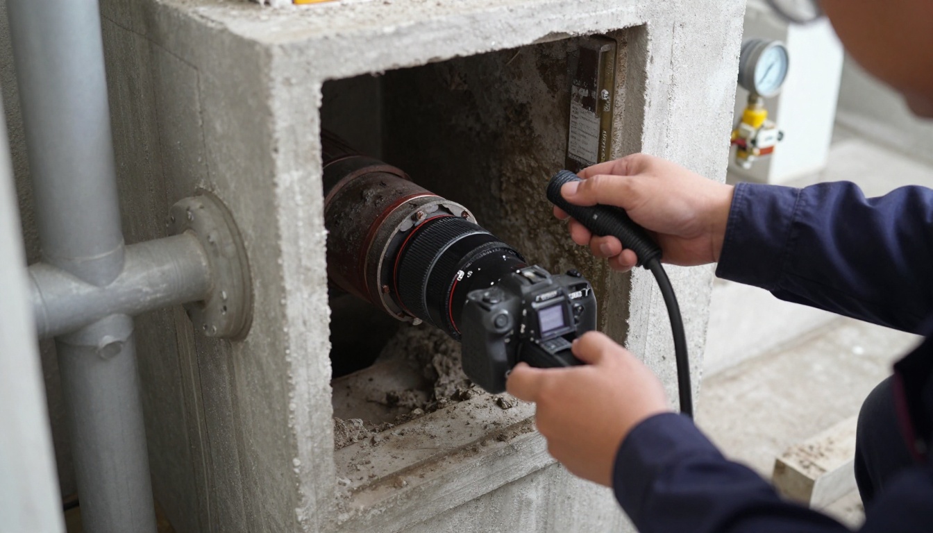 CCTV drain inspection monitor beside a condominium stack cleanout, showing the rough scaled interior of an older cast iron waste pipe with a technician's gloved hand guiding the camera cable CCTV drain inspection monitor beside a condominium stack cleanout, showing the rough scaled interior of an older cast iron waste pipe with a technician’s gloved hand guiding the camera cable