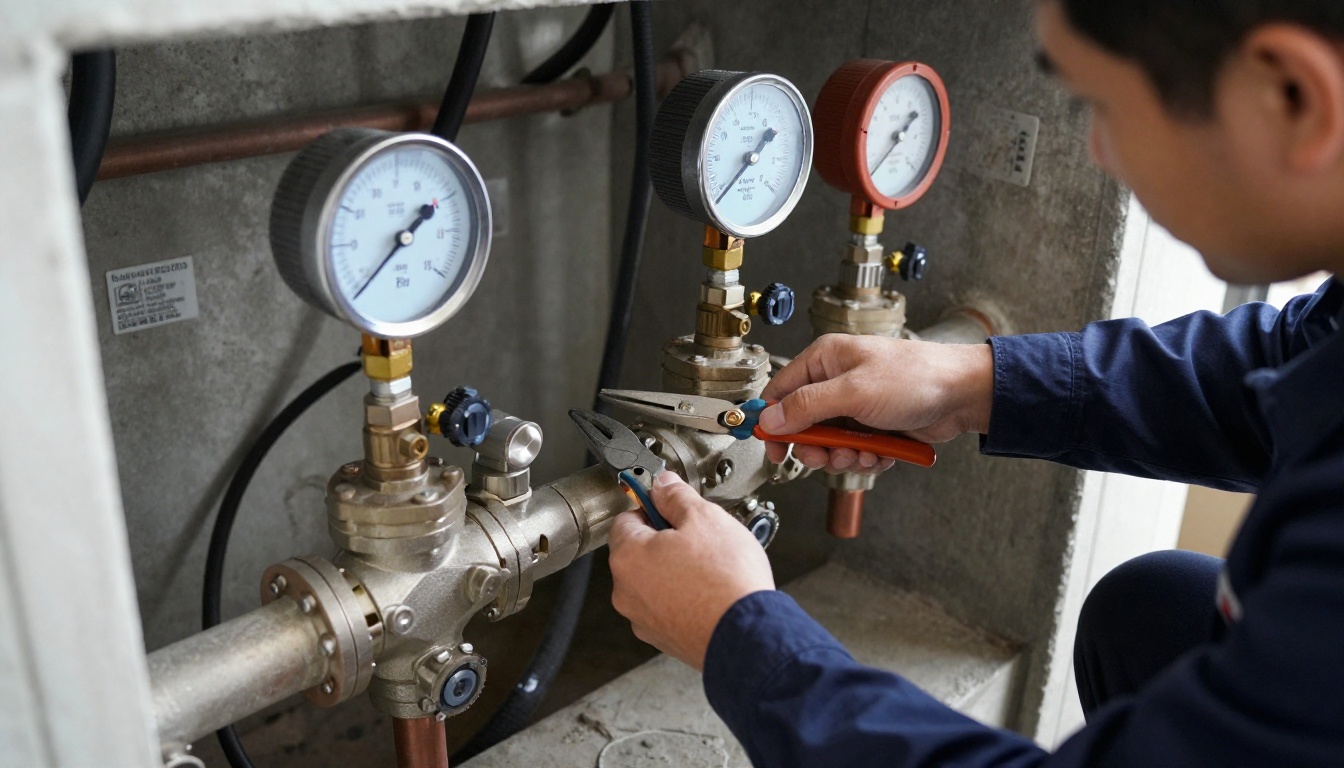 A plumber&rsquo;s gloved hands installing a new commercial PRV between isolation valves on horizontal copper piping in a condominium mechanical room, with tools and pressure gauges visible
