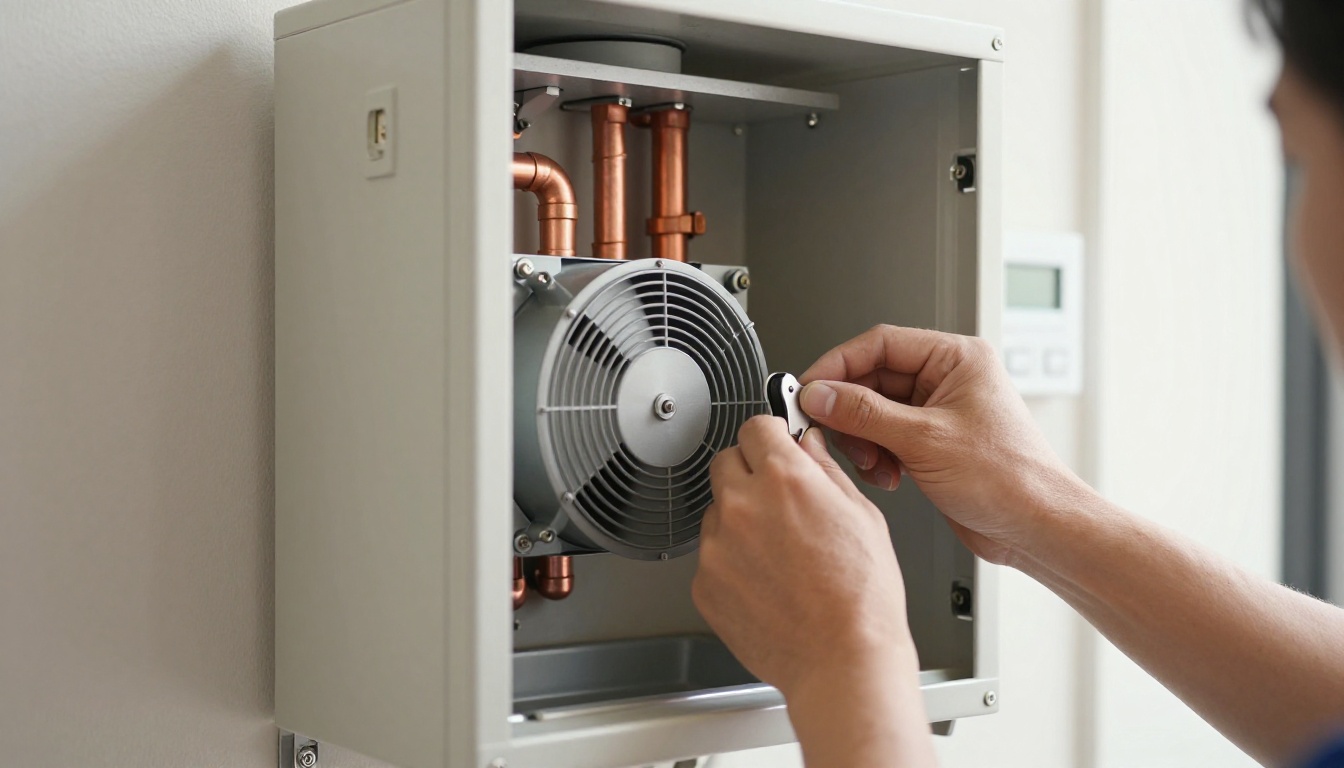 Close-up of a condo HVAC technician’s gloved hands tightening fan coil cabinet fasteners and checking an actuator inside a high-rise suite, modern neutral finishes, autumn light Close-up of a condo HVAC technician’s gloved hands tightening fan coil cabinet fasteners and checking an actuator inside a high-rise suite, modern neutral finishes, autumn light