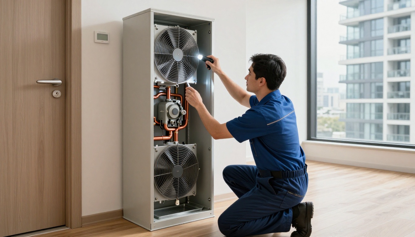 A Hudson HVAC technician opening a tall vertical condo fan coil cabinet in a modern Toronto high-rise closet, inspecting the filter and blower assembly with a flashlight, fall light through condo windows A Hudson HVAC technician opening a tall vertical condo fan coil cabinet in a modern Toronto high-rise closet, inspecting the filter and blower assembly with a flashlight, fall light through condo windows