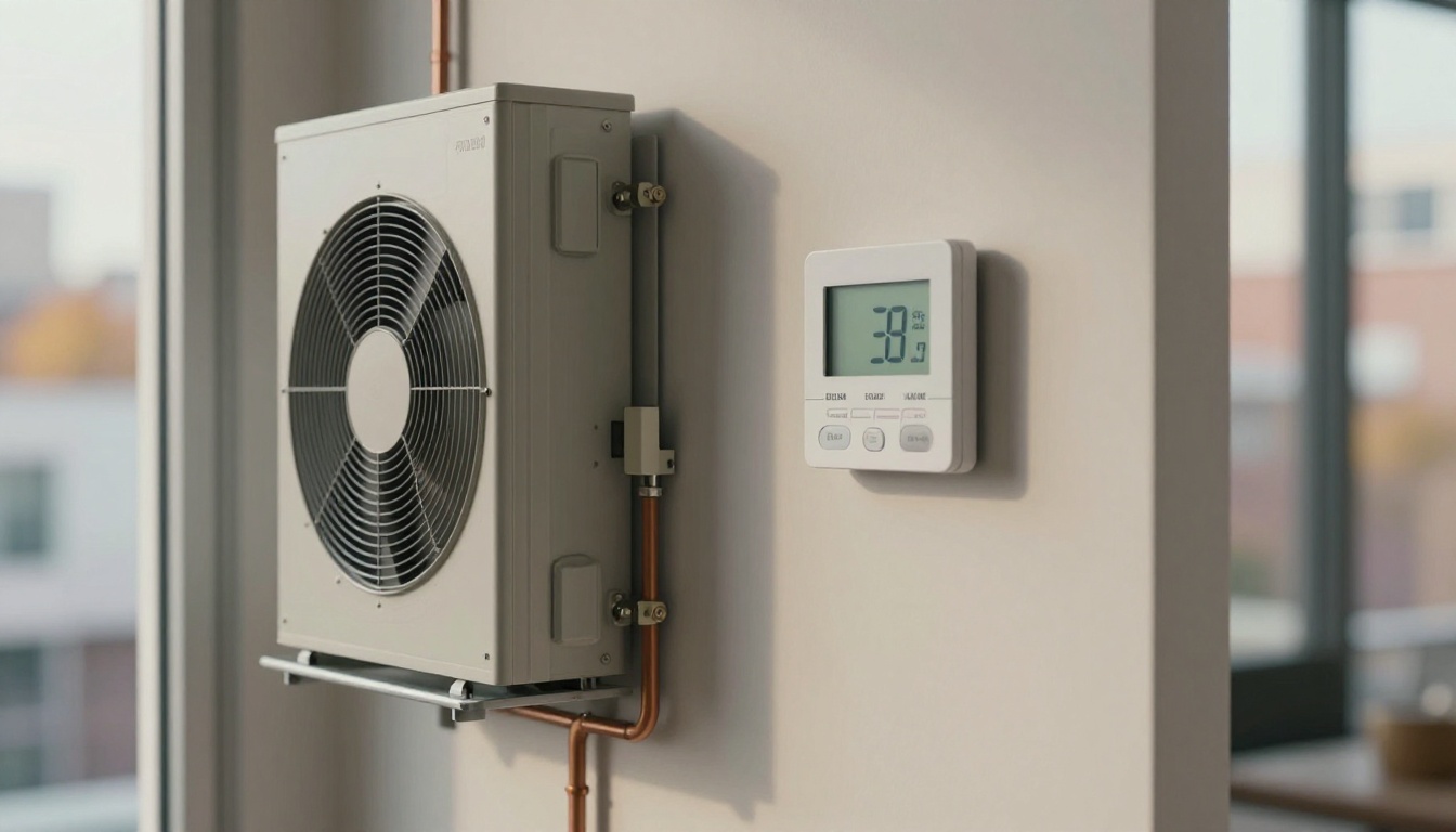A close-up of a modern condo thermostat on a neutral wall in a Toronto high-rise suite, with a vertical fan coil closet softly visible in the background and autumn light through the window A close-up of a modern condo thermostat on a neutral wall in a Toronto high-rise suite, with a vertical fan coil closet softly visible in the background and autumn light through the window
