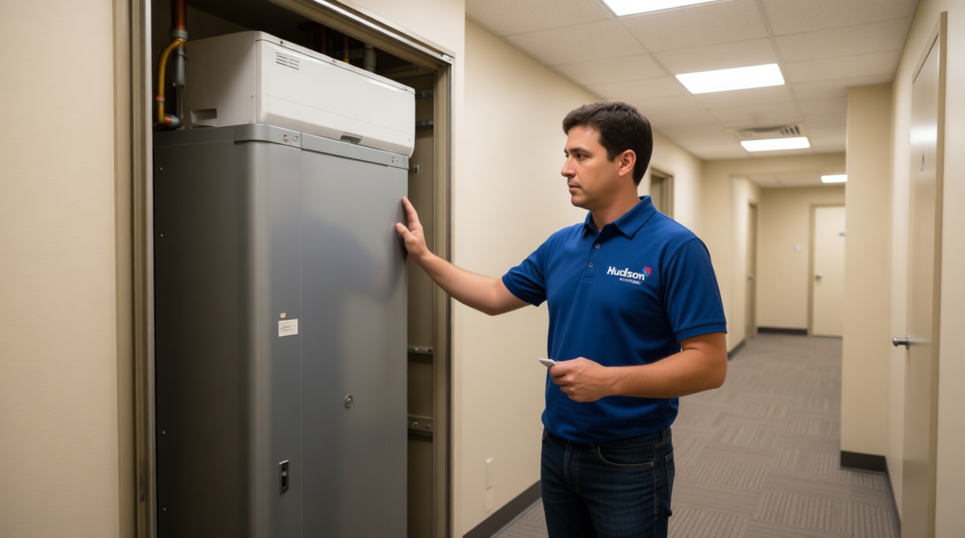 Hudson HVAC technician inspecting a chiller in a condo mechanical room