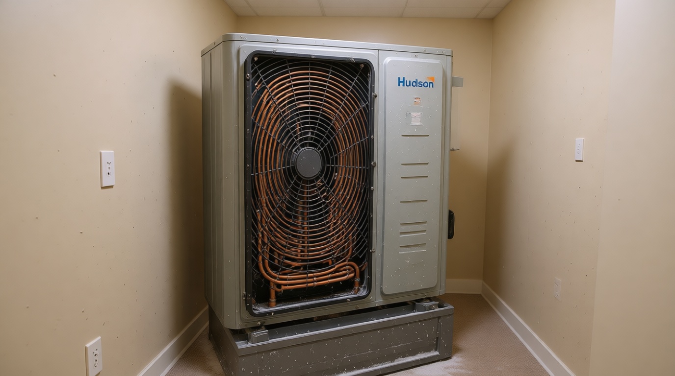 Close-up of a frozen condensate line on a fan coil unit during a Toronto winter