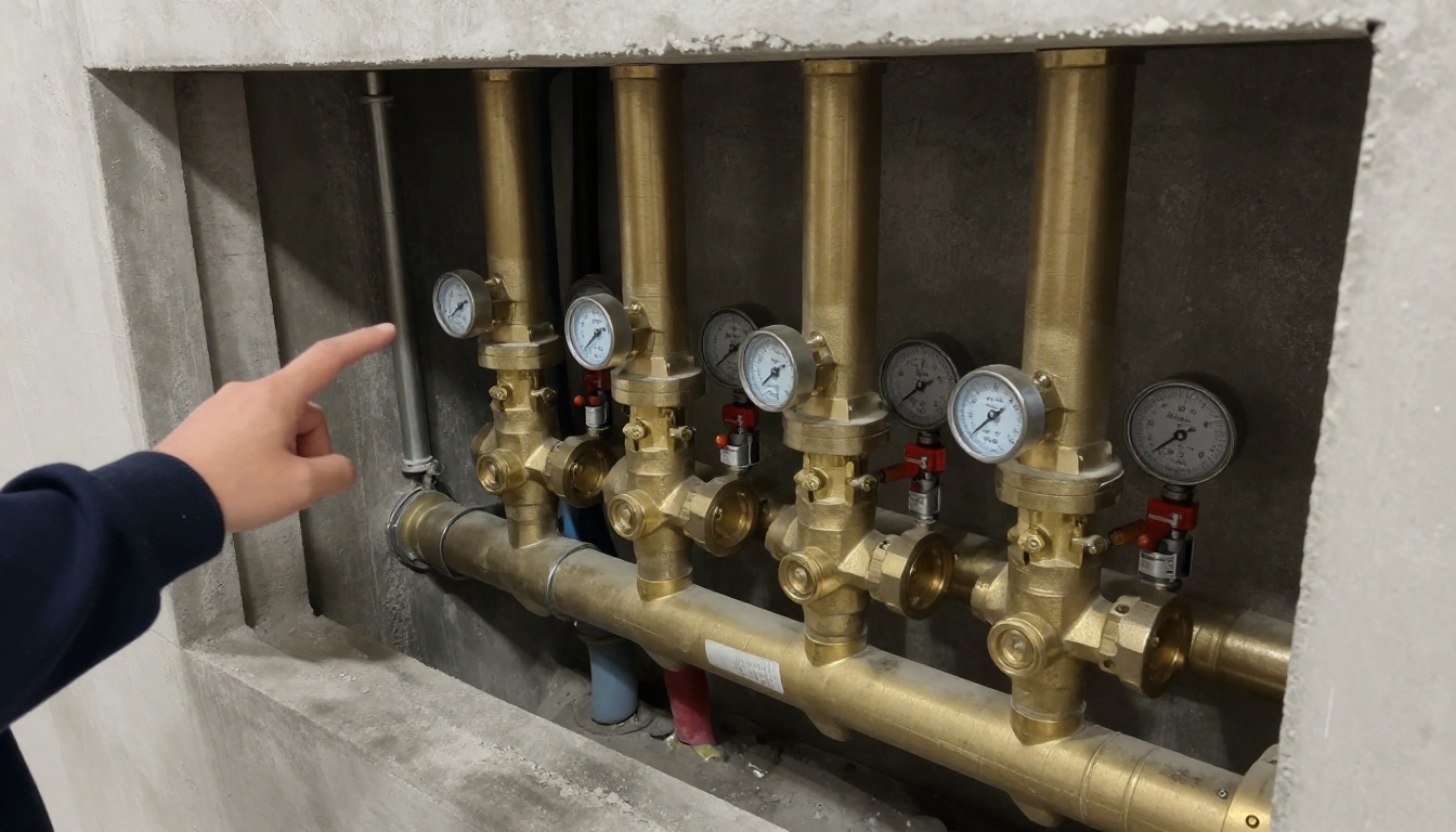 Condominium pipe shaft with newly installed insulated domestic risers, brass valves and supports, clean access opening, no faces visible Condominium pipe shaft with newly installed insulated domestic risers, brass valves and supports, clean access opening, no faces visible