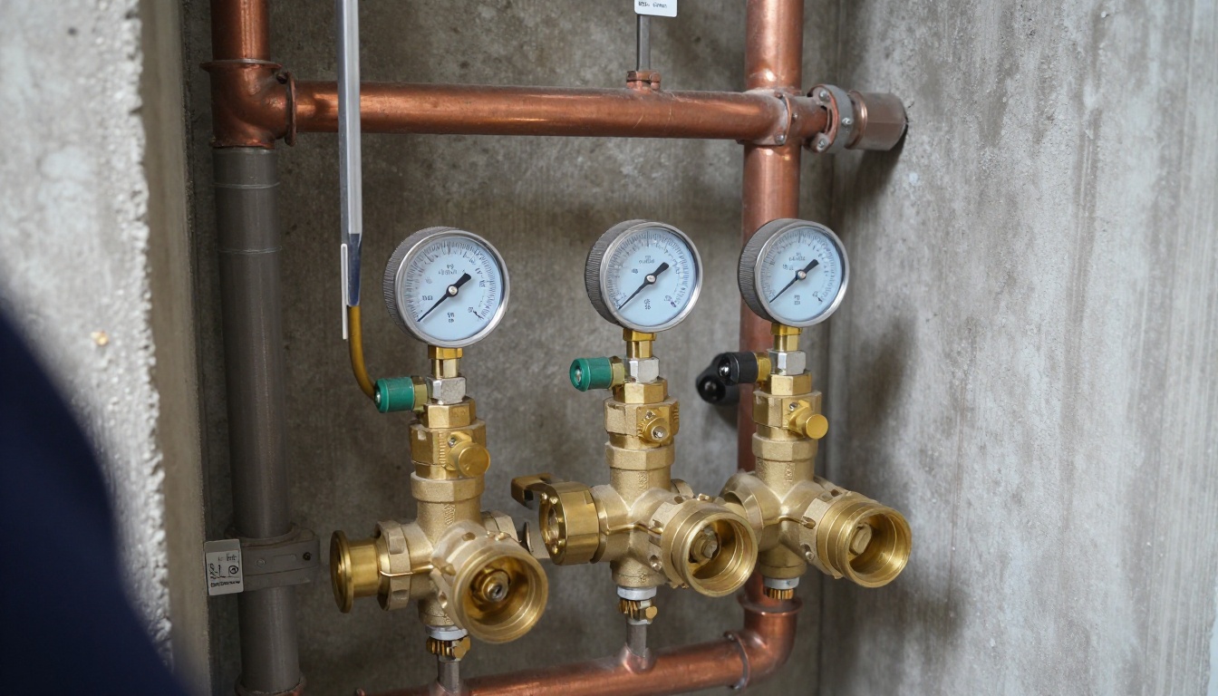 Mechanical room domestic water piping with a new brass pressure reducing valve assembly, isolation valves, gauges and clean organized copper mains Mechanical room domestic water piping with a new brass pressure reducing valve assembly, isolation valves, gauges and clean organized copper mains