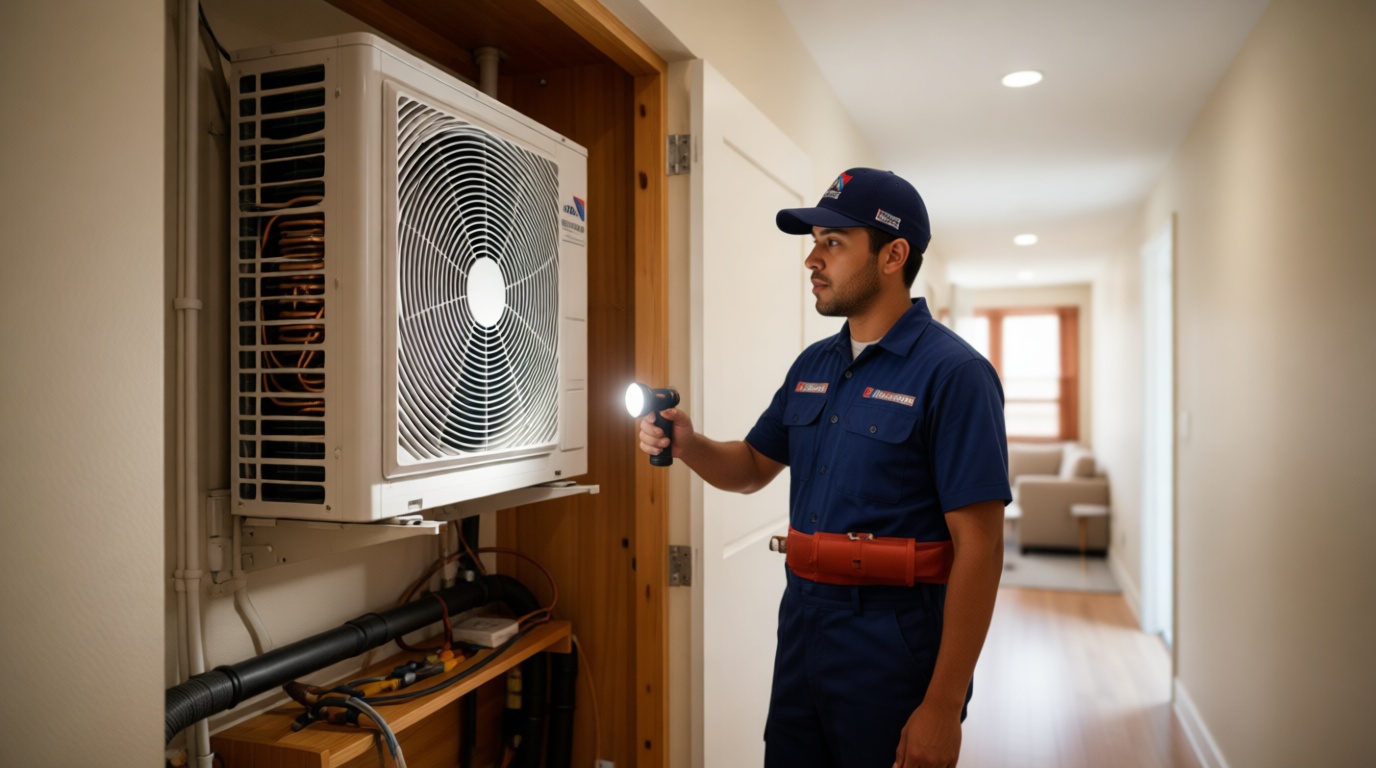 A Hudson HVAC technician inspecting a condo fan coil unit with a flashlight in a Toronto high-rise