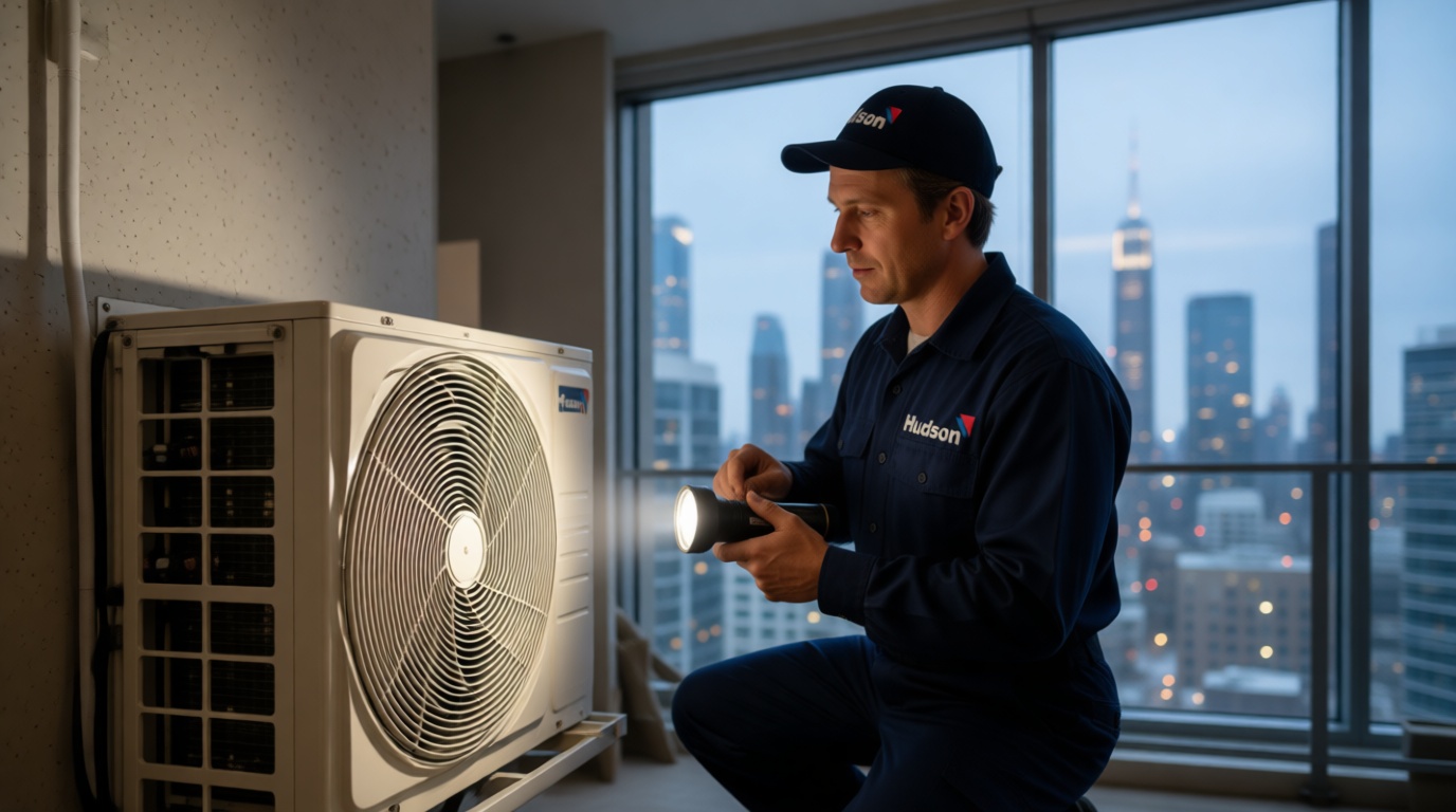 A Hudson HVAC technician inspecting a condo fan coil unit with a flashlight in a Toronto high-rise
