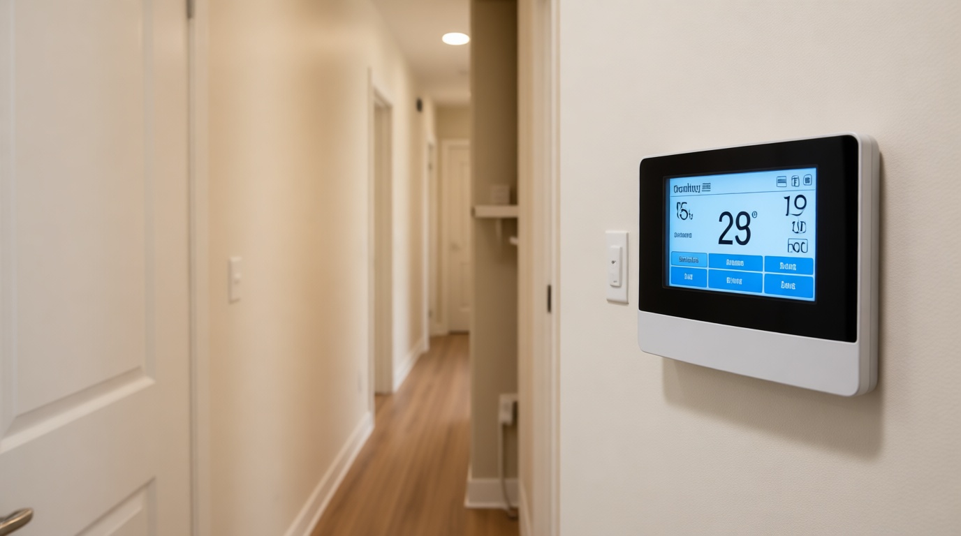 Close-up of a digital thermostat display showing cooling mode in a modern Toronto condo. Close-up of a digital thermostat display showing cooling mode in a modern Toronto condo.