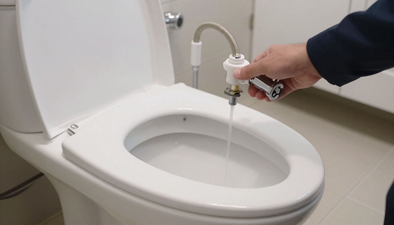 Close-up of a condominium toilet shutoff, braided supply, fill valve components and nearby lavatory faucet under a vanity with drop sheets in place Close-up of a condominium toilet shutoff, braided supply, fill valve components and nearby lavatory faucet under a vanity with drop sheets in place