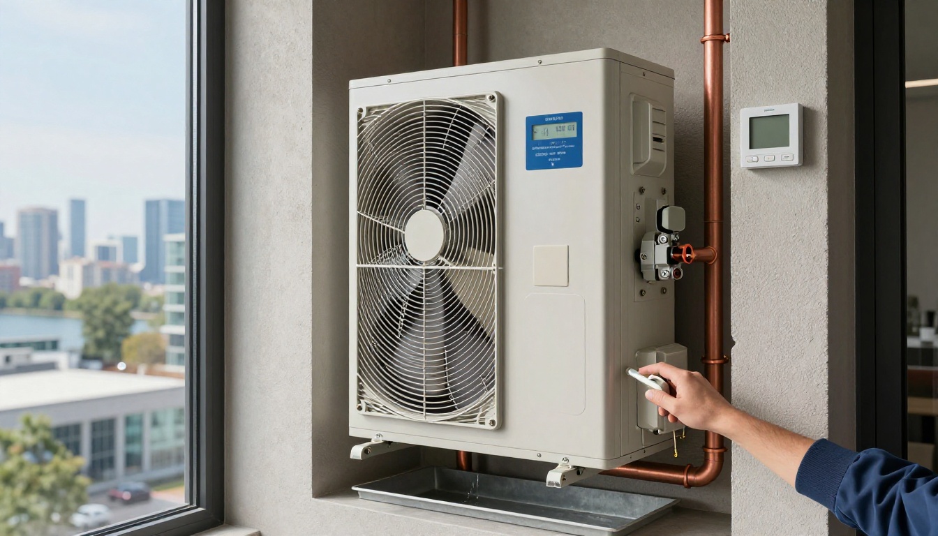 A Hudson HVAC technician inspecting a tall vertical condo fan coil cabinet inside a modern Toronto waterfront suite closet, with copper piping, drain pan, and lake skyline visible through a window