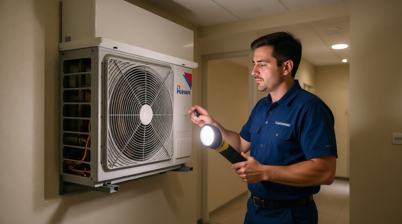 A Hudson HVAC technician inspecting a condo fan coil unit with a flashlight in a Toronto high-rise