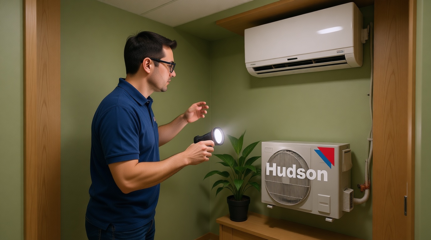 A Hudson HVAC technician inspecting a condo fan coil unit with a flashlight in a Toronto high-rise