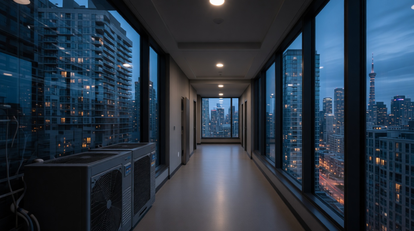 Modern high-rise condo hallway in Richmond Hill, showcasing HVAC equipment Modern high-rise condo hallway in Richmond Hill, showcasing HVAC equipment