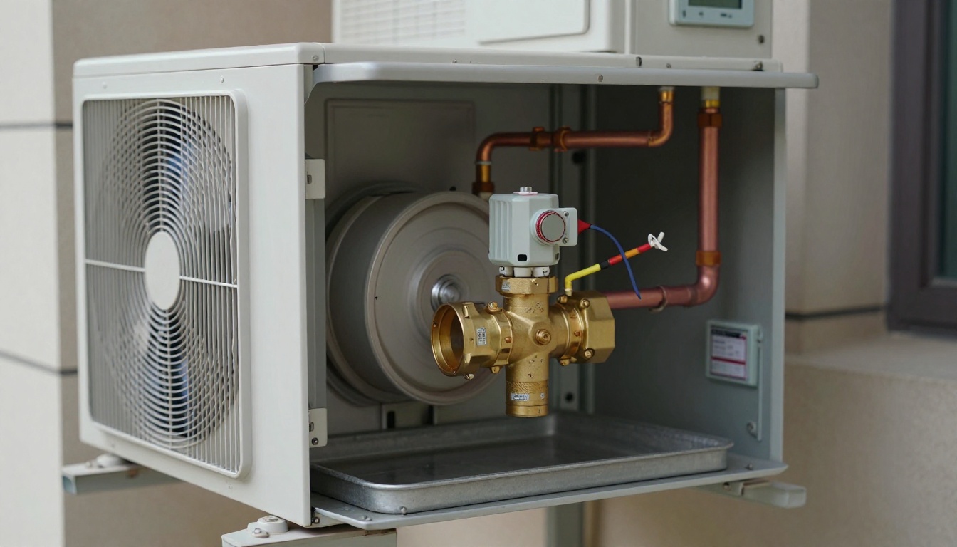 Extreme close-up of a pressure independent control valve installed on a condo fan coil water line, showing brass valve body, actuator, wiring, and flow direction markings inside an indoor utility cabinet Extreme close-up of a pressure independent control valve installed on a condo fan coil water line, showing brass valve body, actuator, wiring, and flow direction markings inside an indoor utility cabinet