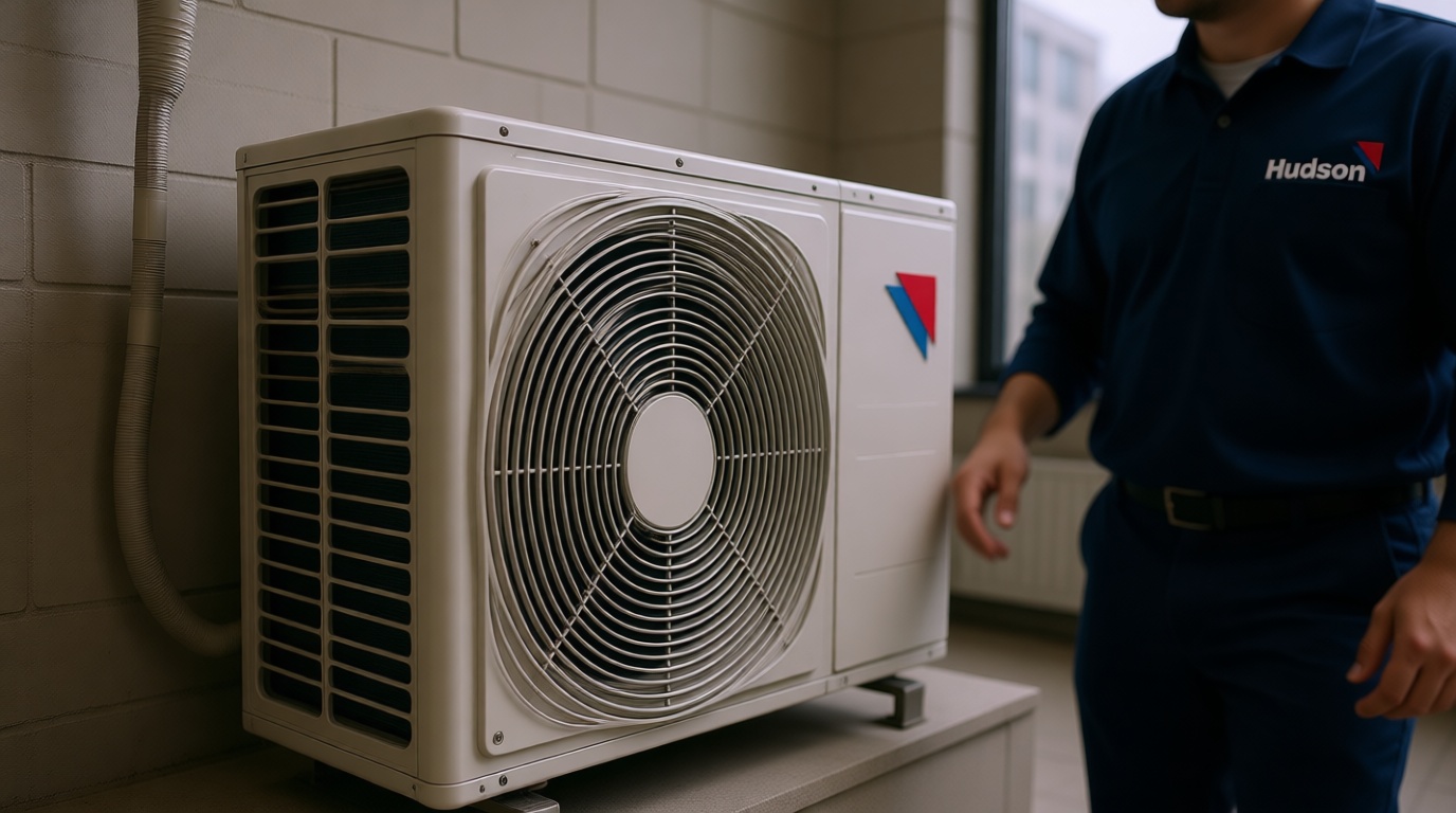 Close-up of a heat pump unit in a Toronto condo, showing clean coils and tubing