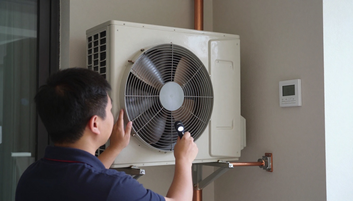 A Hudson HVAC technician inspecting a condo fan coil unit with a flashlight in a Toronto high-rise A Hudson HVAC technician inspecting a condo fan coil unit with a flashlight in a Toronto high-rise