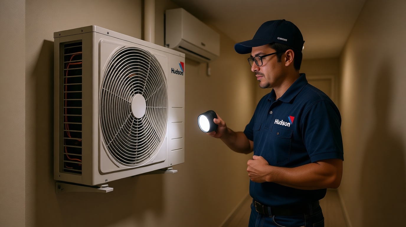 A Hudson HVAC technician inspecting a condo fan coil unit with a flashlight in a Toronto high-rise A Hudson HVAC technician inspecting a condo fan coil unit with a flashlight in a Toronto high-rise