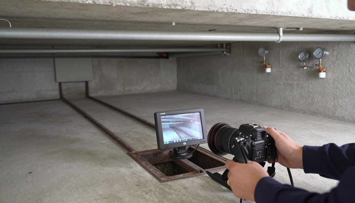 A CCTV monitor and push camera setup beside an open floor drain in an underground condominium garage, with the screen showing the inside of a scaled cast iron drain line