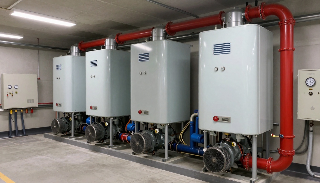 Close-up of a condensing boiler installation in a modern Toronto condo mechanical room Close-up of a condensing boiler installation in a modern Toronto condo mechanical room