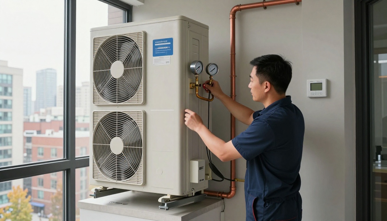A Hudson HVAC technician inspecting an in-suite condo heat pump cabinet in a Toronto high-rise closet, with gauges, copper piping, and a city skyline visible through a nearby window in early fall A Hudson HVAC technician inspecting an in-suite condo heat pump cabinet in a Toronto high-rise closet, with gauges, copper piping, and a city skyline visible through a nearby window in early fall