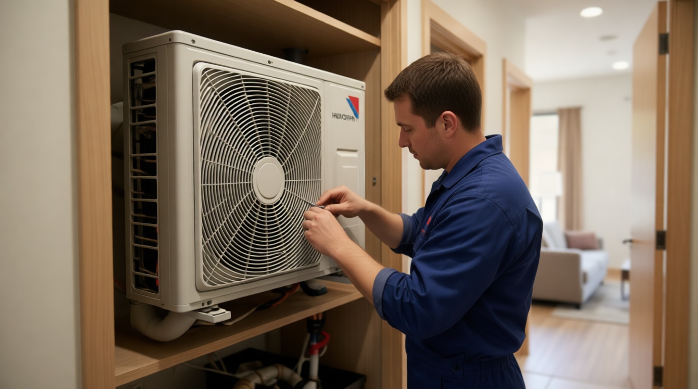 Close-up of a technician's hands working on a fan coil unit in a modern Toronto condo Close-up of a technician’s hands working on a fan coil unit in a modern Toronto condo