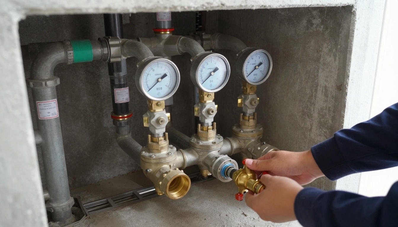 Mechanical room domestic water entry piping with brass shutoff valves, a backflow assembly, pressure gauges and floor drain area in a high-rise building