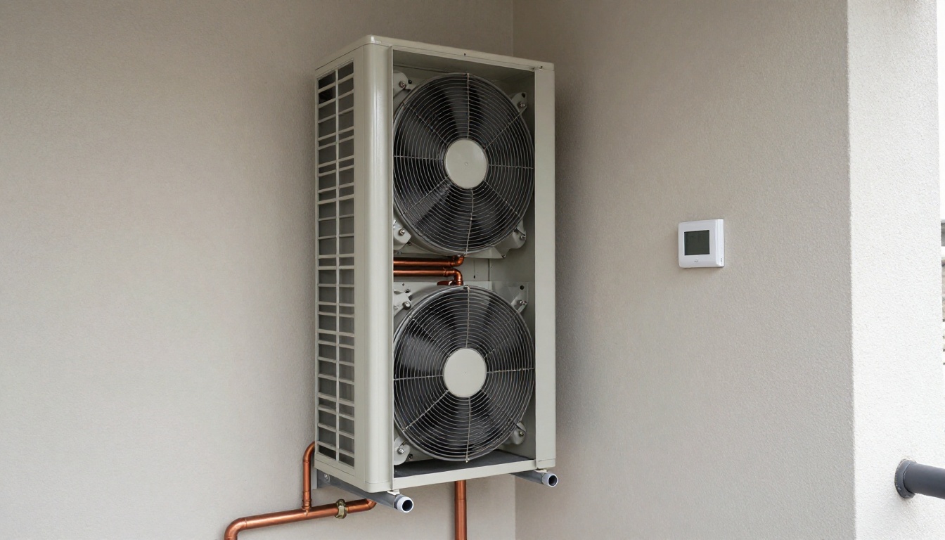 A Hudson HVAC technician installing a water sensor next to a condo fan coil unit in a Toronto high-rise