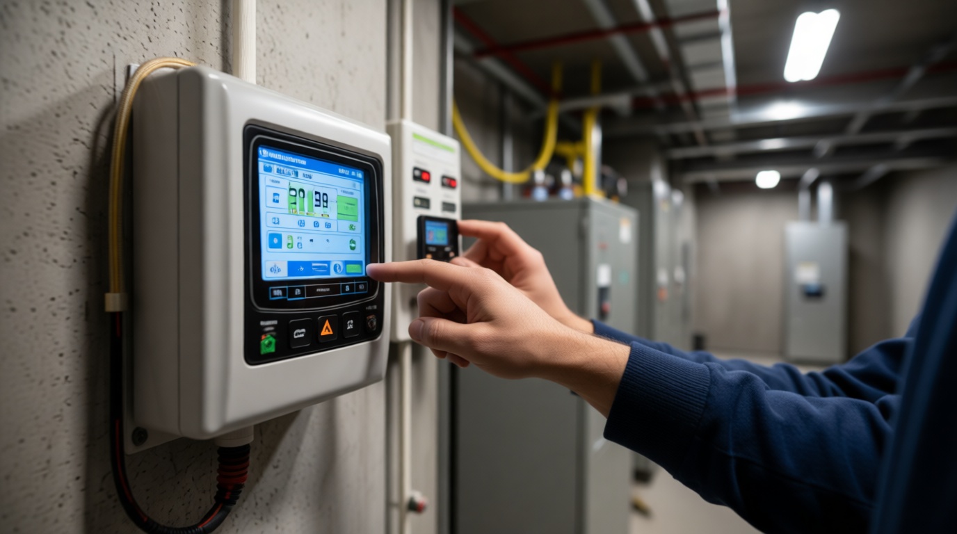 Close-up of a heat pump thermostat being adjusted in a modern Toronto condo Close-up of a heat pump thermostat being adjusted in a modern Toronto condo