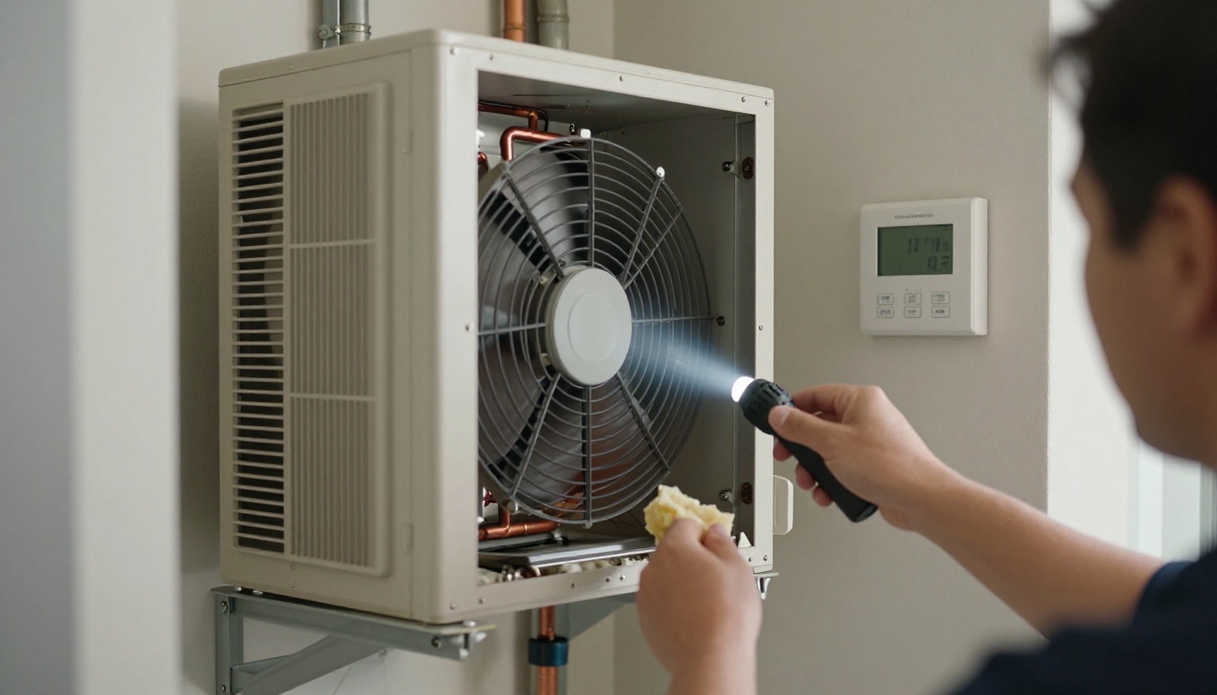 A close-up of an older condo fan coil closet in a Toronto high-rise showing insulated riser pipes, access panel removed, and a technician inspecting suspect legacy insulation material with a flashlight