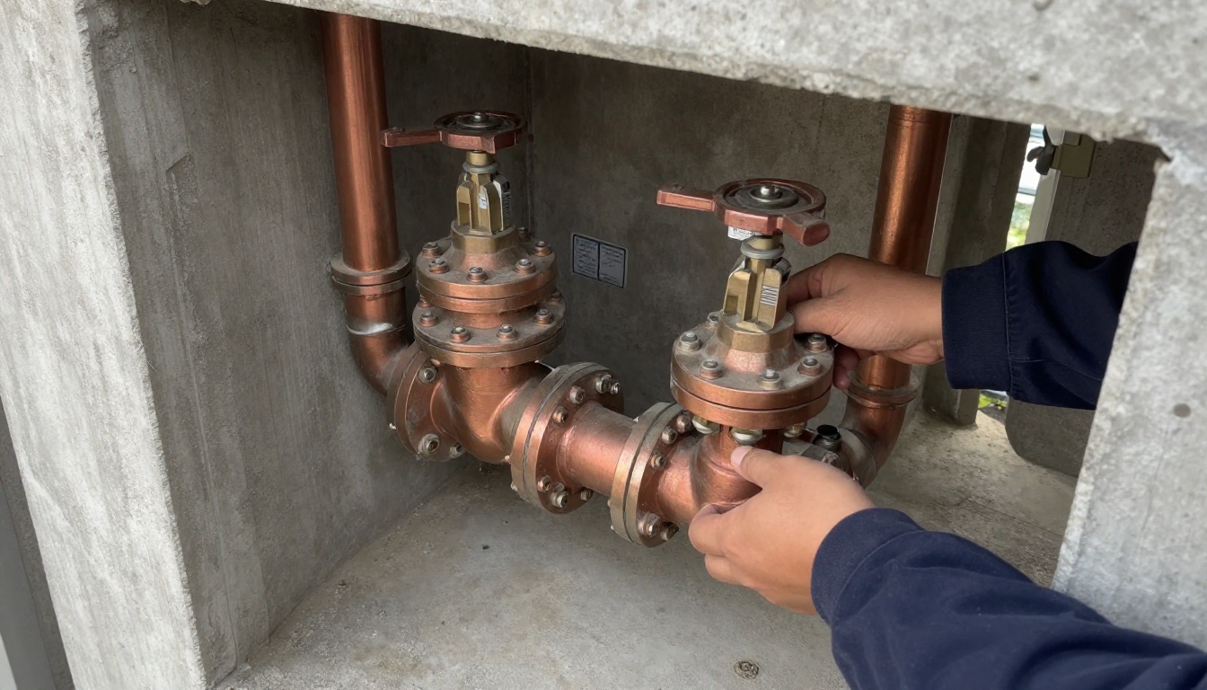 Close view of newly installed quarter-turn isolation valves on copper riser branches in a high-rise service area, with fresh insulation removed back, supports visible and clean workmanship around mechanical room piping