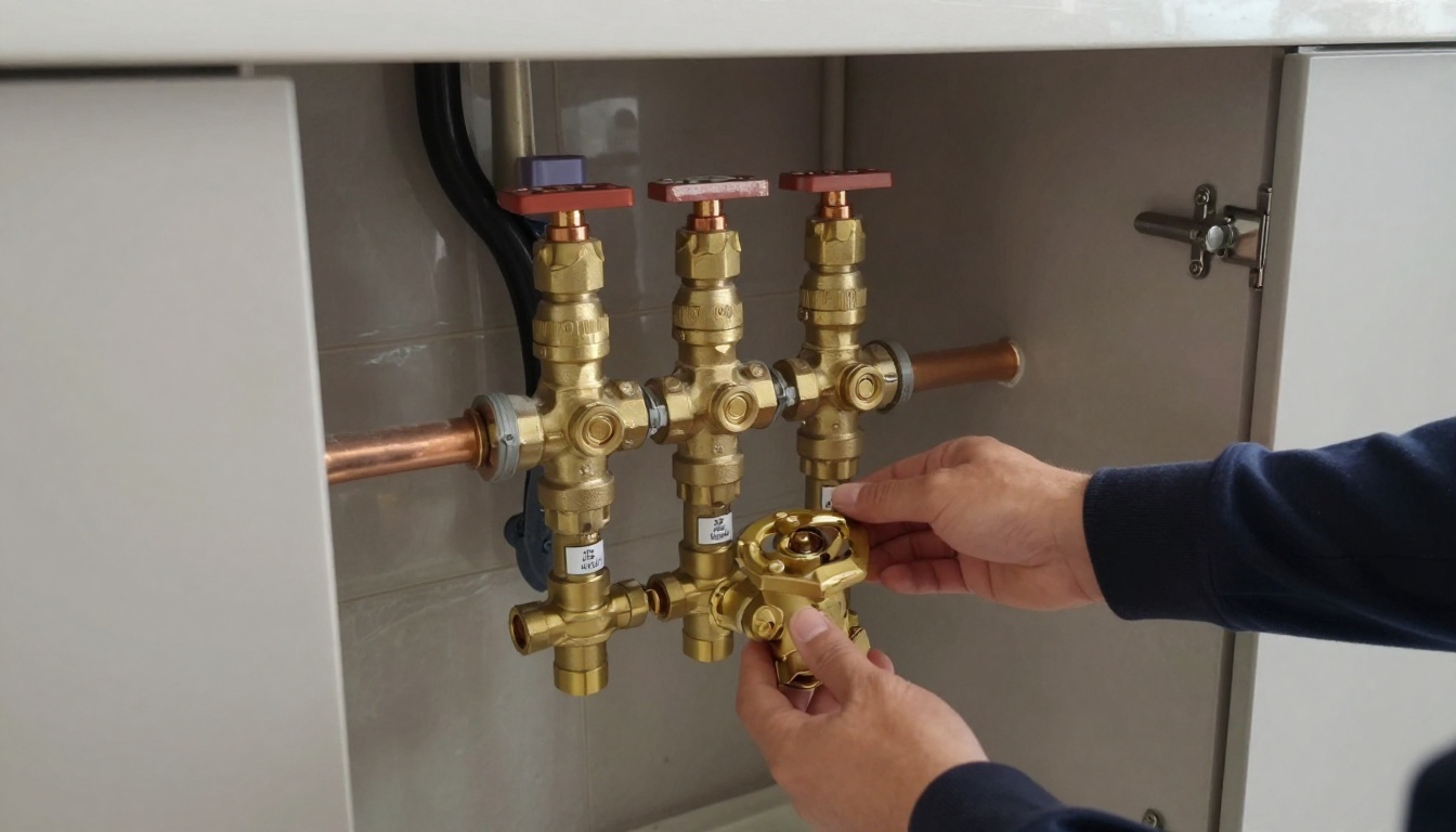 Mechanical room domestic water piping with brass pressure reducing valves, copper mains, isolation valves and labelled risers in a high-rise condominium Mechanical room domestic water piping with brass pressure reducing valves, copper mains, isolation valves and labelled risers in a high-rise condominium