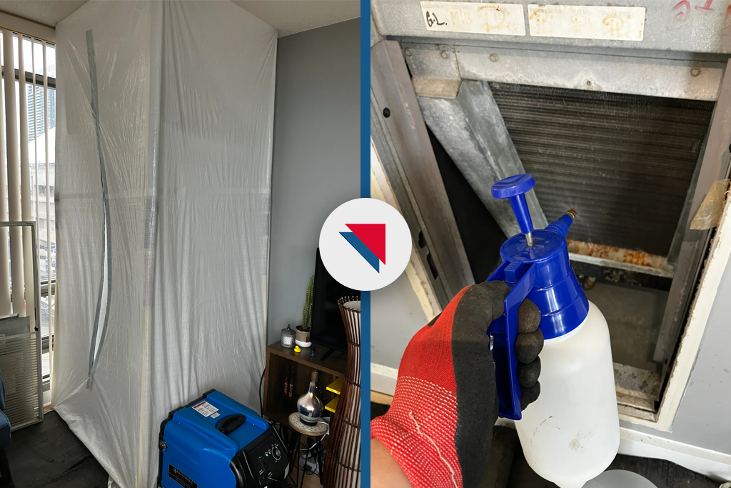 Containment and HEPA filtration setup during in-suite mould abatement