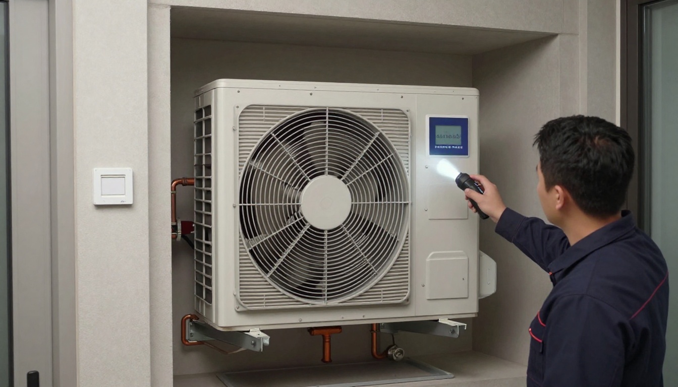A Hudson HVAC technician inspecting a condo fan coil unit with a flashlight in a Toronto high-rise