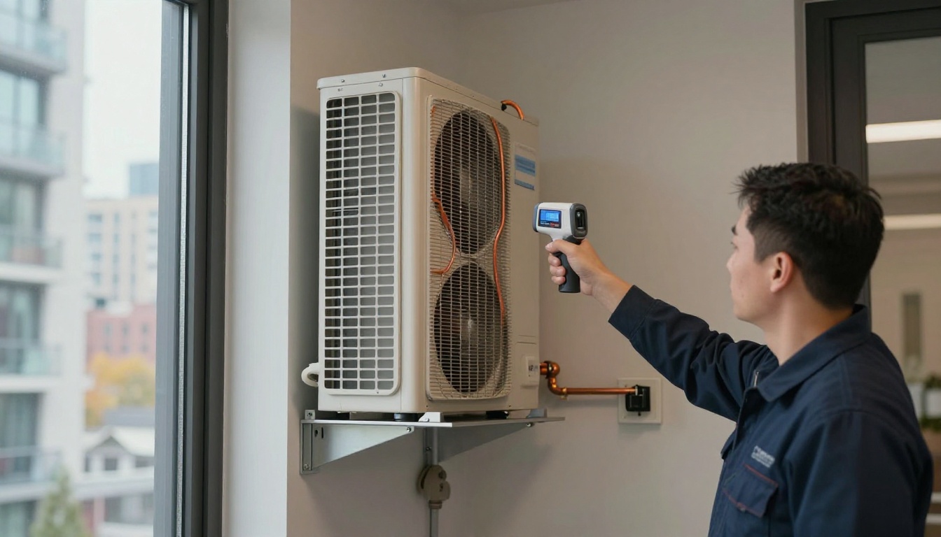 A Hudson HVAC technician using an infrared camera near a condo window and fan coil in a Toronto high-rise suite during cool fall weather, showing draft and heat loss assessment