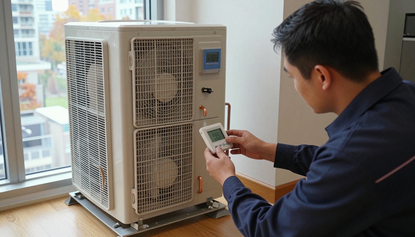 Close-up of a condo HVAC technician in a navy uniform checking a digital thermostat and replacing a pleated filter in a modern North York condo suite during fall, with city skyline visible through the window Close-up of a condo HVAC technician in a navy uniform checking a digital thermostat and replacing a pleated filter in a modern North York condo suite during fall, with city skyline visible through the window