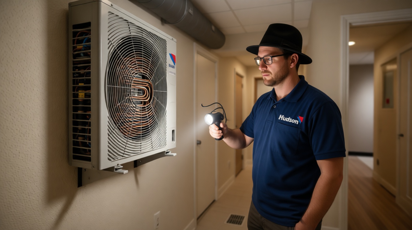 A Hudson HVAC technician inspecting a condo fan coil unit with a flashlight in a Toronto high-rise A Hudson HVAC technician inspecting a condo fan coil unit with a flashlight in a Toronto high-rise