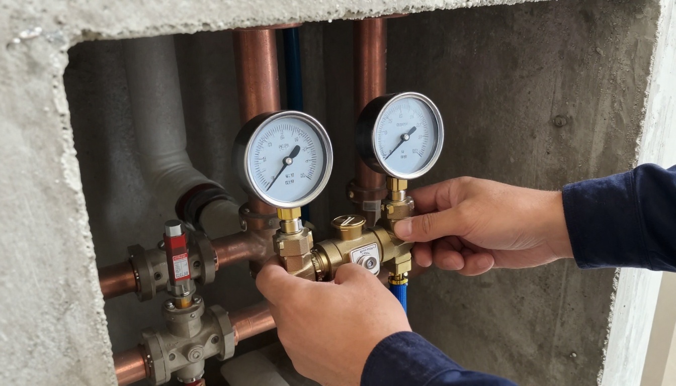 Close view of a plumber testing a newly installed pressure reducing valve assembly with gauges in a high-rise mechanical room, copper mains and insulated risers in the background