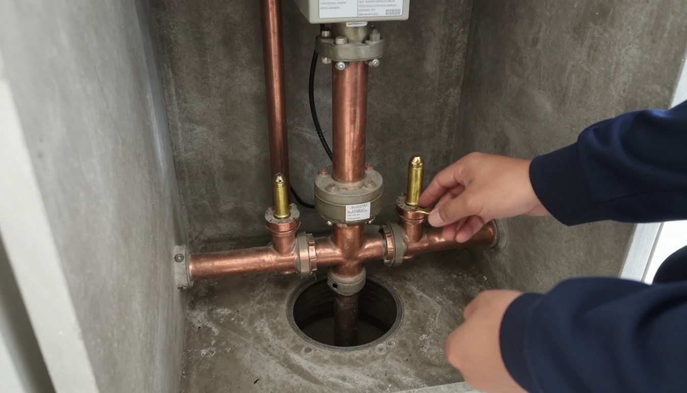 Brass trap primer or pressure-fed primer assembly on copper piping in a condominium mechanical room, with nearby floor drain service area and clean, accessible shutoffs Brass trap primer or pressure-fed primer assembly on copper piping in a condominium mechanical room, with nearby floor drain service area and clean, accessible shutoffs