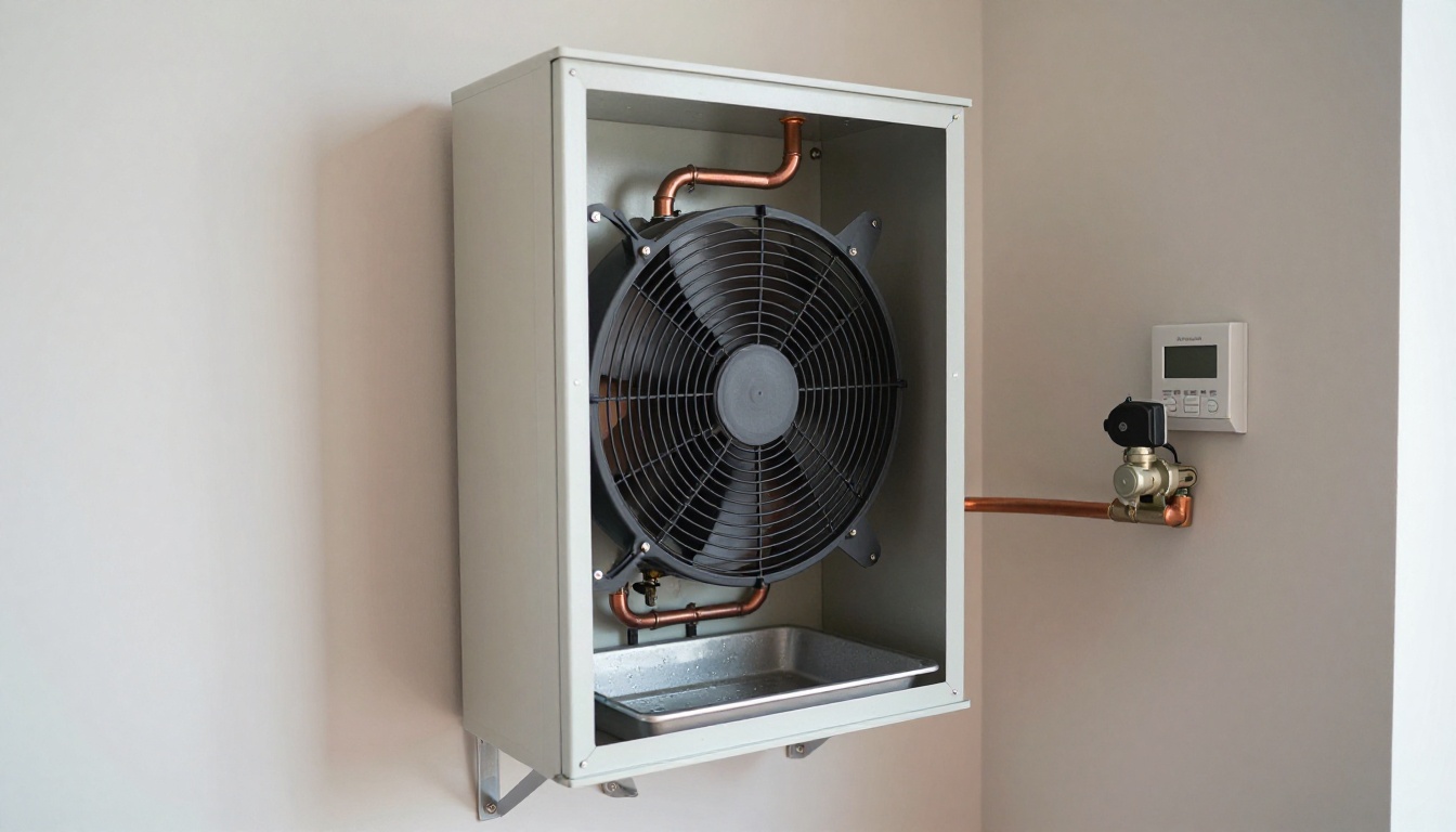 Interior mechanical closet in an Etobicoke condo showing a fan coil unit, control valve, and actuator during fall maintenance