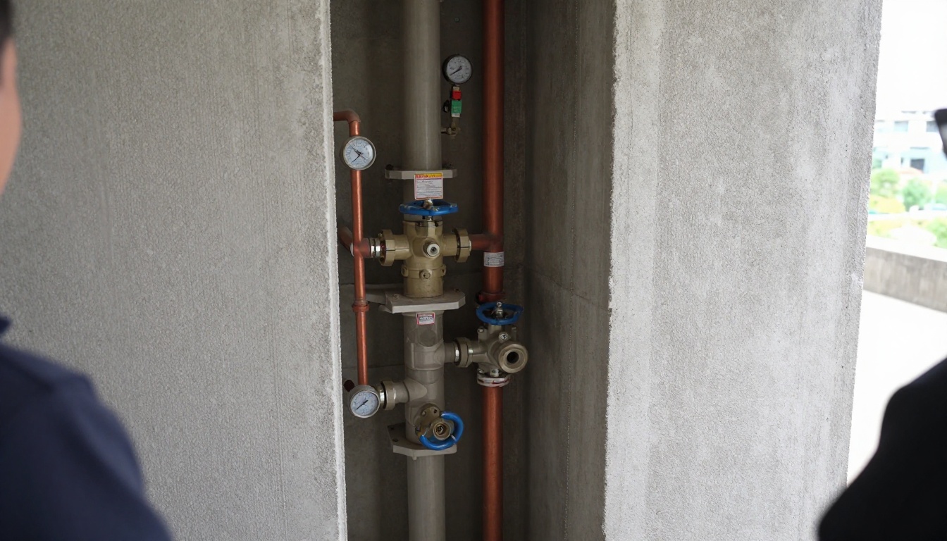 Vertical insulated domestic water risers with sectional isolation valves inside a narrow high-rise riser closet, showing tagged piping and limited access