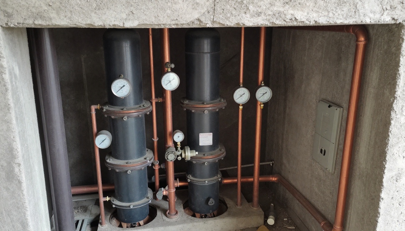 Open mechanical shaft in an older condominium showing insulated domestic water risers, copper piping, isolation valves and access panels removed for investigation