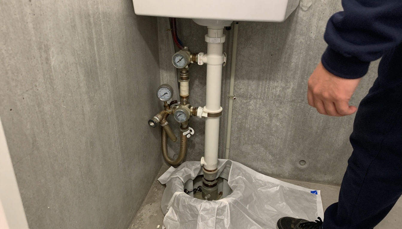 In-suite condominium bathroom plumbing repair setup with toilet removed under drop sheets, exposed shutoff valves and braided supplies, no people or text