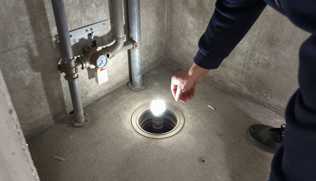 A parking garage floor drain and nearby cleanout in a condominium, with cast drain components, concrete slab surface, and a plumber&rsquo;s inspection light focused into the drain opening